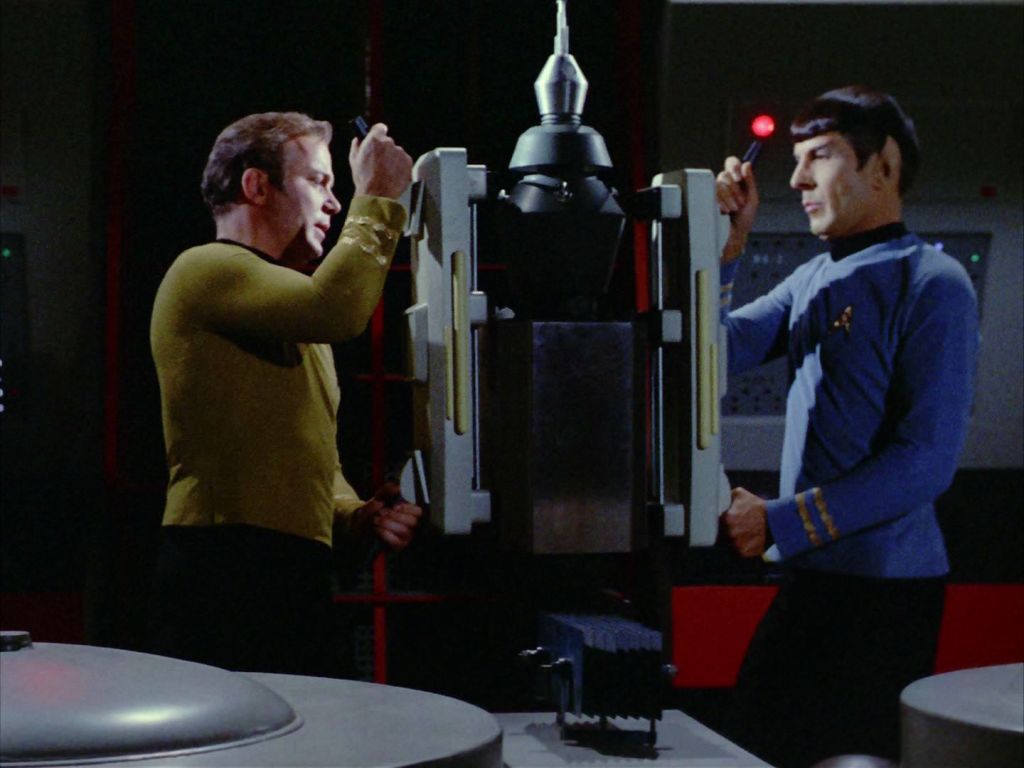 Kirk and Spock place anti-grav devices on Nomad in engineering, from the Star Trek: The Original Series season 2, episode 8 "The Changeling".